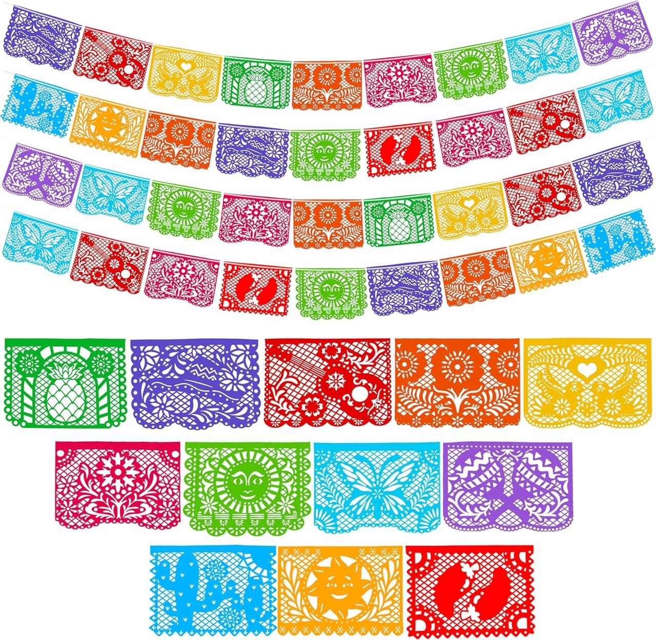 Cinco de Mayo Plastic Papel Picado Banner(4 pack with 8 Multicolor Plastic Flags per Banner), Mexican Party Banners for Fiesta Party Decorations, Dia Muertos Decor